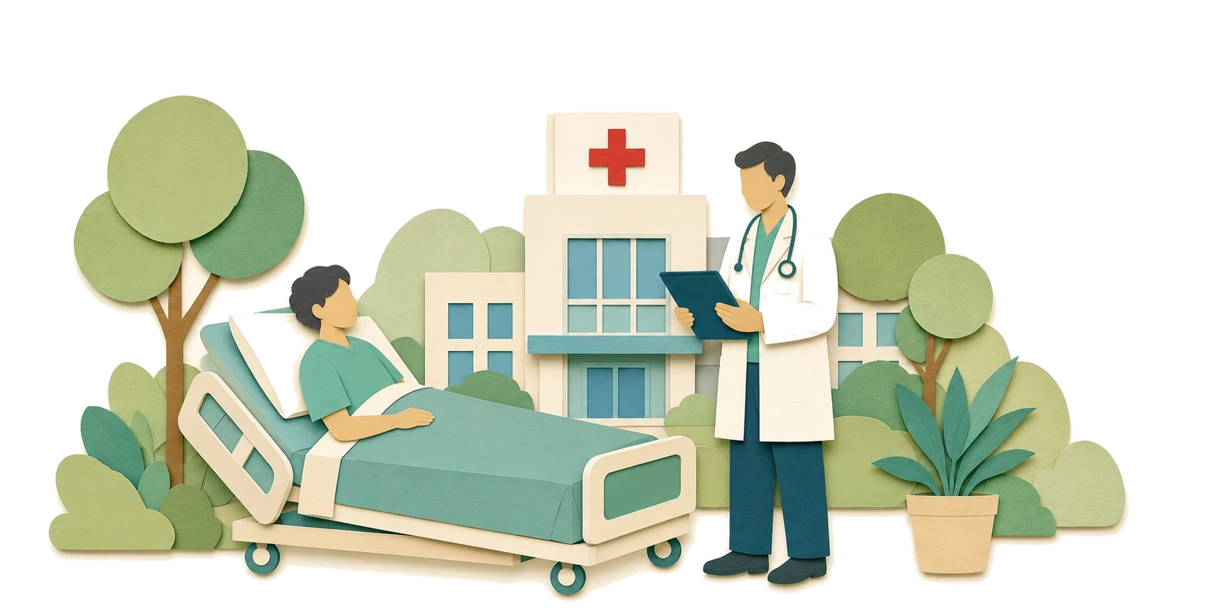 Care — paper-cut illustration of a doctor, patient and hospital