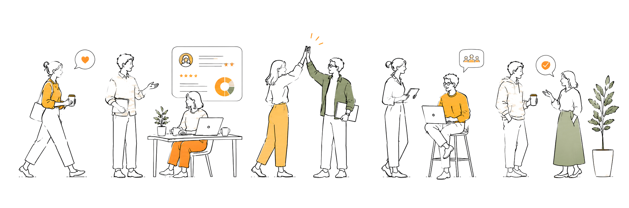 Crew — line-art illustration of a team at work